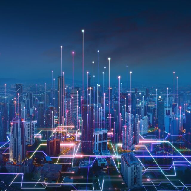 Smart city and abstract line and dot connect with gradient line design , big data connection technology concept. 3d render