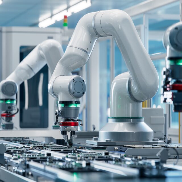 Advanced High Precision Robot Arm inside Bright Electronics Factory. Electronic Devices Production Industry. Component Installation on Circuit Board. Fully Automated Modern PCB Assembly Line.